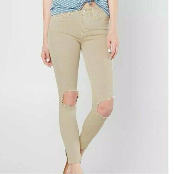 Free People Distressed Skinny Jeans Size 30 | Tan Frayed Hem Boho Stretch Denim - Picture 1 of 6